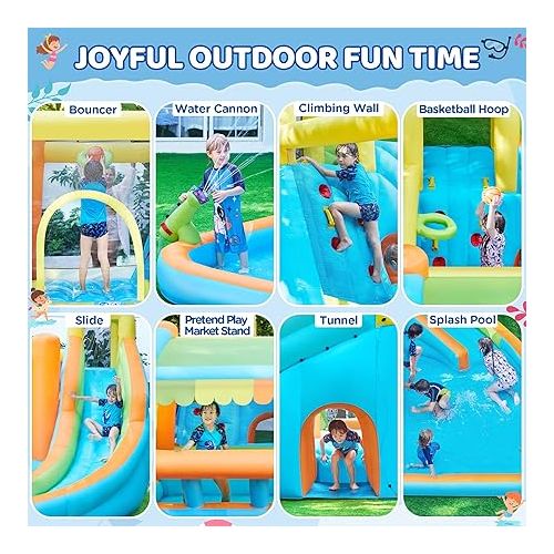  Yaheetech Inflatable Bounce House, Water Bouncer Castle for Kids Aged 3-10 W/Splash Pool, Toy Market Stand, Bouncer Area, Slide, Climbing Wall, Storage Bag, 520W Blower for Outdoor Backyard