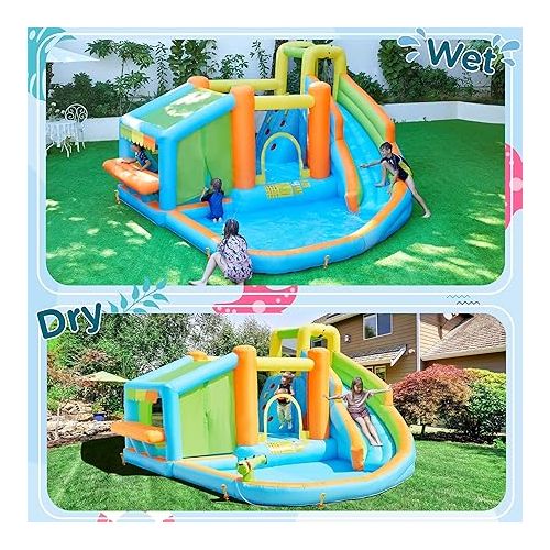  Yaheetech Inflatable Bounce House, Water Bouncer Castle for Kids Aged 3-10 W/Splash Pool, Toy Market Stand, Bouncer Area, Slide, Climbing Wall, Storage Bag, 520W Blower for Outdoor Backyard