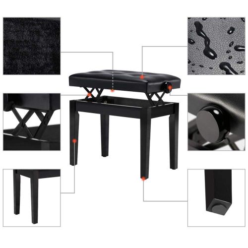  Yaheetech Adjustable Piano Bench - Solid Wood Padded Piano Keyboard Bench Stool Faux Leather Black