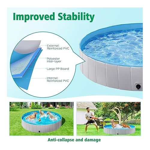  Yaheetech Foldable Dog Pool 71 x 12 Inches Collapsible Hard Plastic Pet Swimming Pool Portable Dog Bath Tub Puppy Cat Shower Pet Wading Pool for Outdoor/Indoor w/Pet Repair Patches, Gray