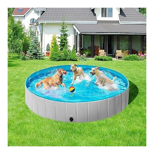  Yaheetech Foldable Dog Pool 71 x 12 Inches Collapsible Hard Plastic Pet Swimming Pool Portable Dog Bath Tub Puppy Cat Shower Pet Wading Pool for Outdoor/Indoor w/Pet Repair Patches, Gray