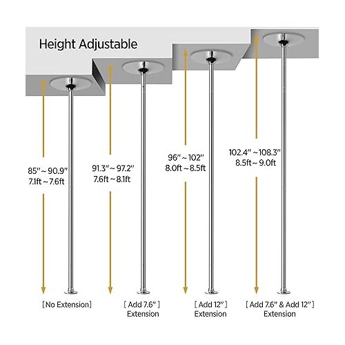  Yaheetech Dance Pole Spinning Static Dancing Pole Portable Removable for Home Club Bar Gym 44.5-108.3” Height Adjustable & Weight Capacity 500lb, Silver/Gold