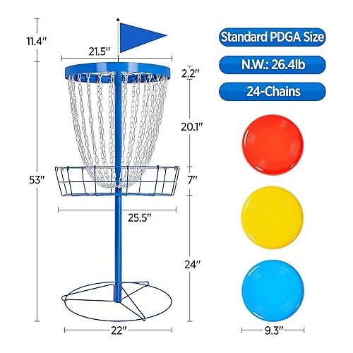  Yaheetech Disc Golf Basket Portable Disc Golf Target Pro Golf Basket Set with Heavy Duty 24 Chains & Carry Bag & 3 Discs Black/Blue