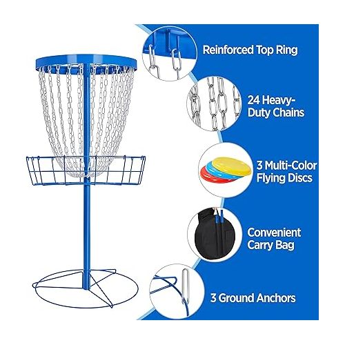  Yaheetech Disc Golf Basket Portable Disc Golf Target Pro Golf Basket Set with Heavy Duty 24 Chains & Carry Bag & 3 Discs Black/Blue