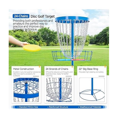  Yaheetech Disc Golf Basket Portable Disc Golf Target Pro Golf Basket Set with Heavy Duty 24 Chains & Carry Bag & 3 Discs Black/Blue