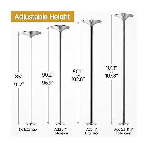  Yaheetech Professional Stripper Pole Spinning Static Dancing Pole Portable Removable 45mm Dance Pole Kit for Exercise Club Party Pub Home w/Tools, Silver/Gold