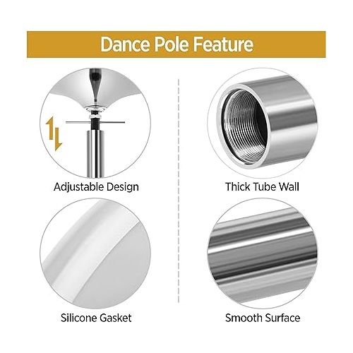  Yaheetech Professional Stripper Pole Spinning Static Dancing Pole Portable Removable 45mm Dance Pole Kit for Exercise Club Party Pub Home w/Tools, Silver/Gold