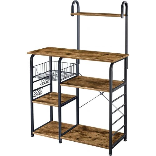  Yaheetech Kitchen Bakers Rack, Free Standing Utility Storage Shelf, 4-Tier Microwave Oven Stand w/10 S-Hooks, Organizer Rack for Spices/Pots/Pans, Rustic Brown