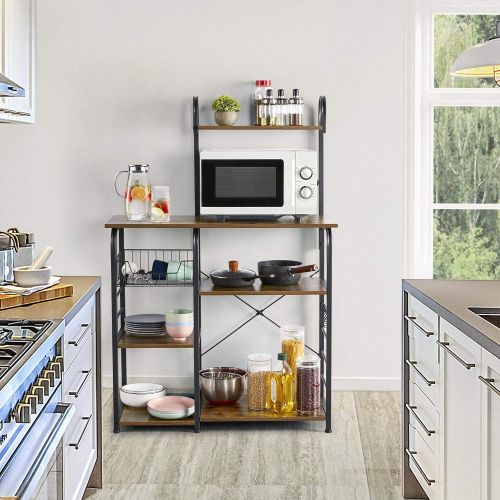  Yaheetech Kitchen Bakers Rack, Free Standing Utility Storage Shelf, 4-Tier Microwave Oven Stand w/10 S-Hooks, Organizer Rack for Spices/Pots/Pans, Rustic Brown