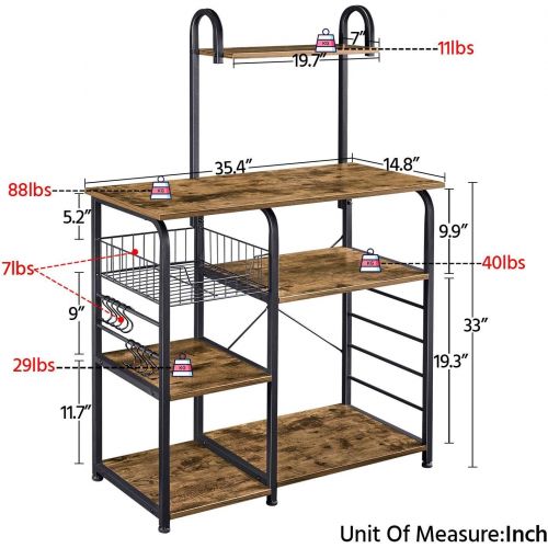  Yaheetech Kitchen Bakers Rack, Free Standing Utility Storage Shelf, 4-Tier Microwave Oven Stand w/10 S-Hooks, Organizer Rack for Spices/Pots/Pans, Rustic Brown