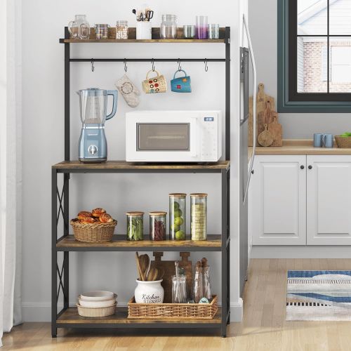  Yaheetech 4 Tiers Kitchen Bakers Rack with Storage and 5 Hooks, 63 Inch Height Kitchen Island Rack Utility Storage Shelf, Microwave Oven Stand for Kitchen, Coffee Bar, X Designed,