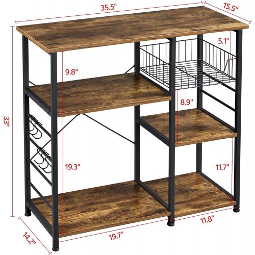  Yaheetech 3-Tier 35.5in Microwave Bar Cart Kitchen Bakers Rack, Utility Oven Stand Shelf, Free Standing Organizer Shelf w/Basket/Hooks/Storage Shelf for Spices/Utensils Foods, Rust