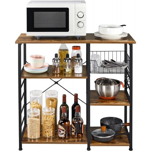  Yaheetech 3-Tier 35.5in Microwave Bar Cart Kitchen Bakers Rack, Utility Oven Stand Shelf, Free Standing Organizer Shelf w/Basket/Hooks/Storage Shelf for Spices/Utensils Foods, Rust