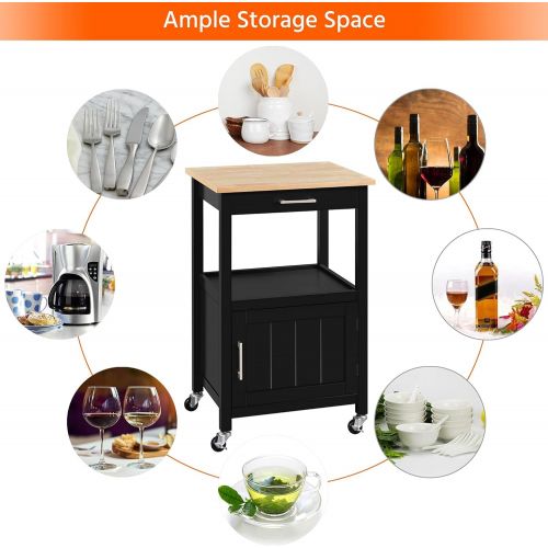  Yaheetech Small Kitchen Island on Wheels with Wood Top and Drawer, Trolley Cart with Open Shelf and Storage Cabinet for Dining Room, L22xW18xH35 Inches, Black