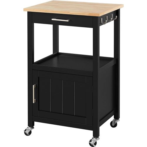  Yaheetech Small Kitchen Island on Wheels with Wood Top and Drawer, Trolley Cart with Open Shelf and Storage Cabinet for Dining Room, L22xW18xH35 Inches, Black