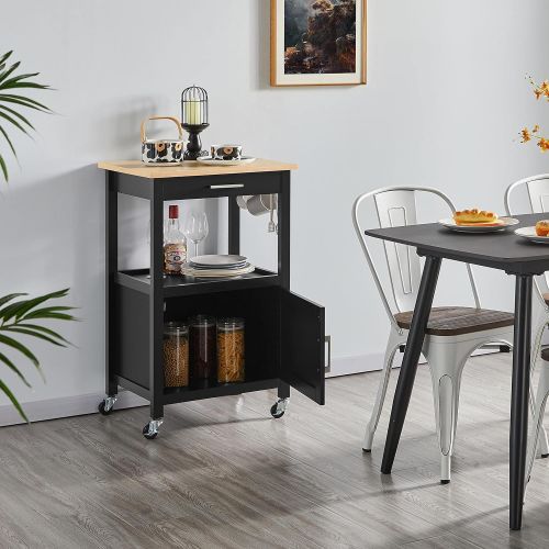  Yaheetech Small Kitchen Island on Wheels with Wood Top and Drawer, Trolley Cart with Open Shelf and Storage Cabinet for Dining Room, L22xW18xH35 Inches, Black