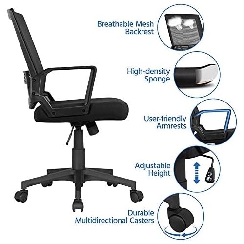  Yaheetech Computer Chair Ergonomic Office Chair Mid-Back Desk Chair w/Armrest and Swivel Casters - Black