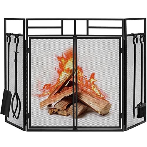  Yaheetech Fireplace Screen with Tools and Doors, Wrought Iron Fireplace 3 Panels with Steel Mesh, Indoor Outdoor Large Flat Spark Guard Cover Wood Burning Stove Accessories, 48 x 2