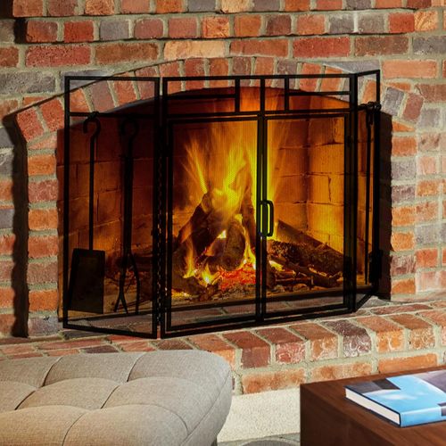  Yaheetech Fireplace Screen with Tools and Doors, Wrought Iron Fireplace 3 Panels with Steel Mesh, Indoor Outdoor Large Flat Spark Guard Cover Wood Burning Stove Accessories, 48 x 2