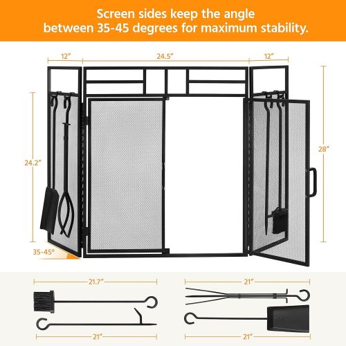  Yaheetech Fireplace Screen with Tools and Doors, Wrought Iron Fireplace 3 Panels with Steel Mesh, Indoor Outdoor Large Flat Spark Guard Cover Wood Burning Stove Accessories, 48 x 2