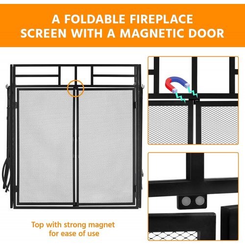  Yaheetech Fireplace Screen with Tools and Doors, Wrought Iron Fireplace 3 Panels with Steel Mesh, Indoor Outdoor Large Flat Spark Guard Cover Wood Burning Stove Accessories, 48 x 2