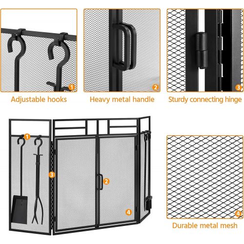  Yaheetech Fireplace Screen with Tools and Doors, Wrought Iron Fireplace 3 Panels with Steel Mesh, Indoor Outdoor Large Flat Spark Guard Cover Wood Burning Stove Accessories, 48 x 2