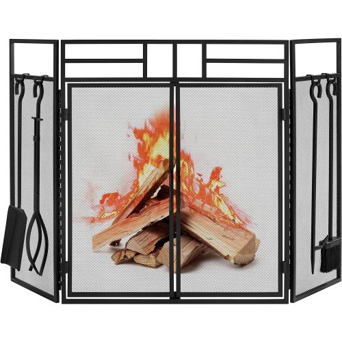  Yaheetech Fireplace Screen with Tools and Doors, Wrought Iron Fireplace 3 Panels with Steel Mesh, Indoor Outdoor Large Flat Spark Guard Cover Wood Burning Stove Accessories, 48 x 2