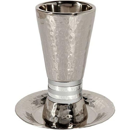  [아마존베스트]Yair Emanuel | Hammered Nickel Cylinder Shaped Kiddush Cup With Silver Rings | CUT-3