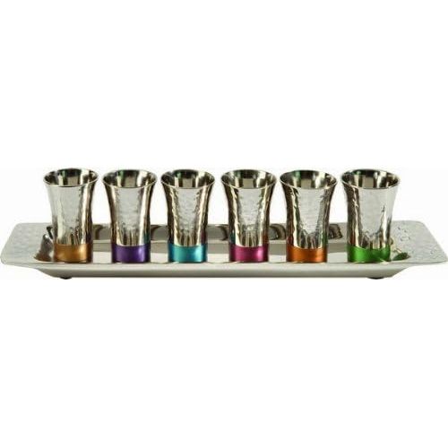  [아마존베스트]Yair Emanuel - Kiddush Cup Goblet Set of 6 Small Kiddush Cups and Tray Nickel Hammerwork Multicolor (GA-2)