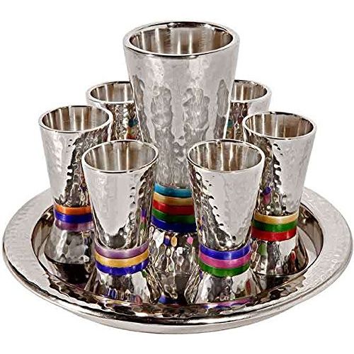  [아마존베스트]Yair Emanuel Hammered Nickel Cone Shaped Kiddush Set - Multicolor Rings