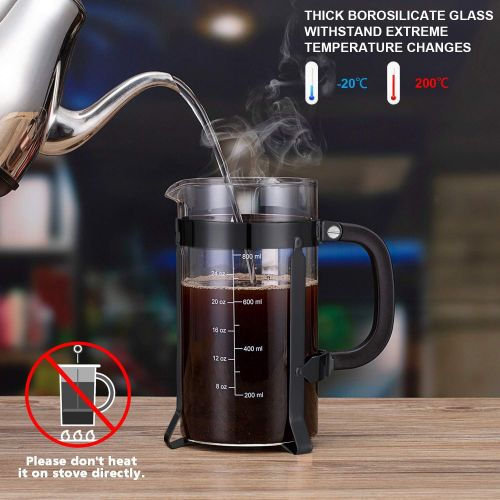  Yakalla French Press Coffee Maker (34 oz) with 4 Filters - 304 Durable Stainless Steel, Heat Resistant Borosilicate Glass Coffee Press, BPA Free, Black