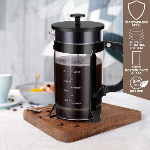  Yakalla French Press Coffee Maker (34 oz) with 4 Filters - 304 Durable Stainless Steel, Heat Resistant Borosilicate Glass Coffee Press, BPA Free, Black