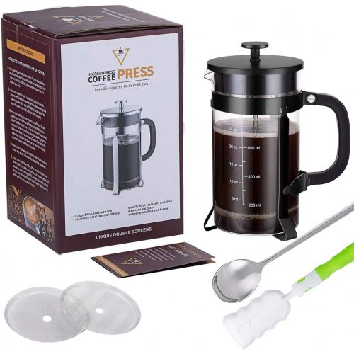  Yakalla French Press Coffee Maker (34 oz) with 4 Filters - 304 Durable Stainless Steel, Heat Resistant Borosilicate Glass Coffee Press, BPA Free, Black