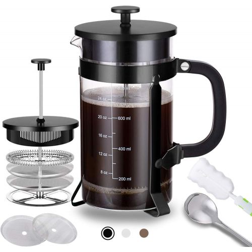  Yakalla French Press Coffee Maker (34 oz) with 4 Filters - 304 Durable Stainless Steel, Heat Resistant Borosilicate Glass Coffee Press, BPA Free, Black