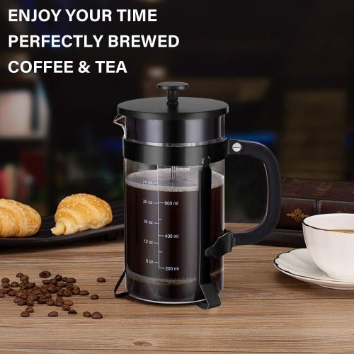  Yakalla French Press Coffee Maker (34 oz) with 4 Filters - 304 Durable Stainless Steel, Heat Resistant Borosilicate Glass Coffee Press, BPA Free, Black