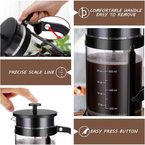  Yakalla French Press Coffee Maker (34 oz) with 4 Filters - 304 Durable Stainless Steel, Heat Resistant Borosilicate Glass Coffee Press, BPA Free, Black