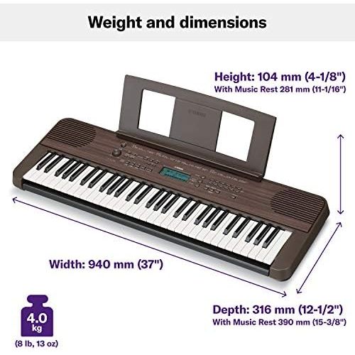 야마하 Yamaha PSRE360 61-Key Touch Sensitive Portable Keyboard with Power Supply, Dark Walnut