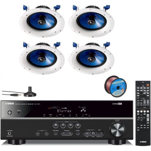 야마하 Yamaha Digital Home Theater Audio Video Receiver + Yamaha in-Ceiling 2-Way Speakers (Set of 4) with a 8 PP Mica Cone Woofer & 1 Fluid-Cooled Soft-Dome Swivel Tweeter + 100 ft 16 AW