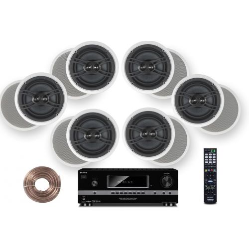 야마하 Sony 700 Watt 7.1 Channel 3D A/V Receiver + Yamaha Natural Sound Custom Install in-Ceiling 3-Way 100 watts Speaker (Set of 6) with Dual Tweeters & 6-1/2 Woofer + 100ft 16 AWG Speak