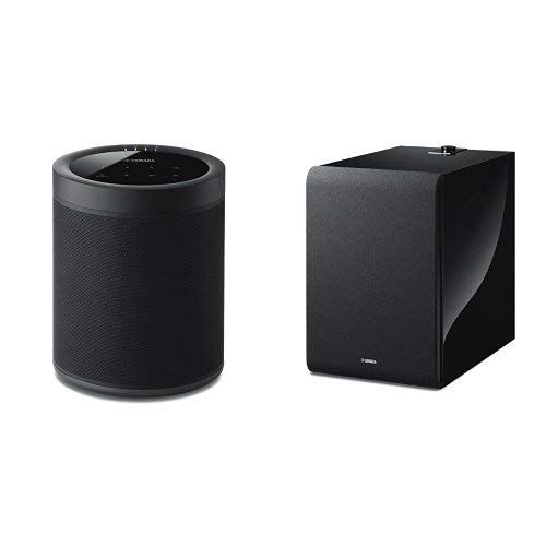 야마하 Yamaha MusicCast 20 Wireless speaker for Streaming Music, Black (2) with SUB 100 Wireless Subwoofer. Works with Alexa.