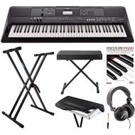 Yamaha PSREW410 76-key Portable Keyboard with Power Adapter, Knox Double X Keyboard Stand, Bench and Accessory Bundle