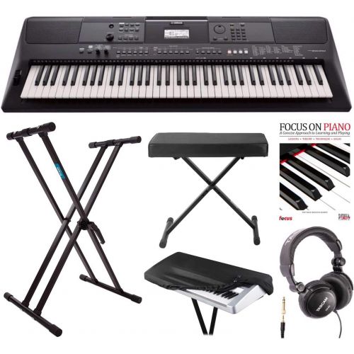 야마하 Yamaha PSREW410 76-key Portable Keyboard with Power Adapter, Knox Double X Keyboard Stand, Bench and Accessory Bundle