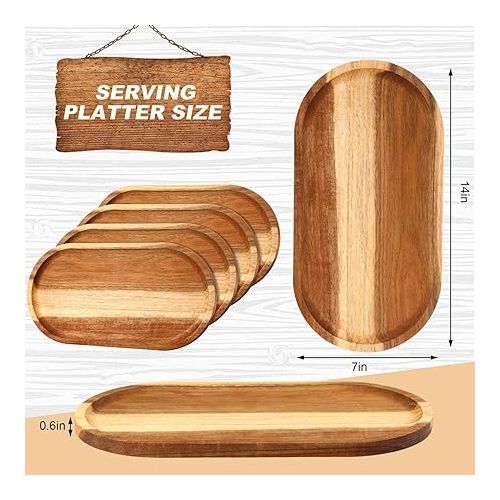  4 Pcs Acacia Wooden Serving Tray Oval Shaped Rustic Wood Plates Large Decorative Natural Wooden Tray Wooden Serving Platter for Food Charcuterie Cheese Dish Bread Fruit Kitchen (14 x 7 Inch)