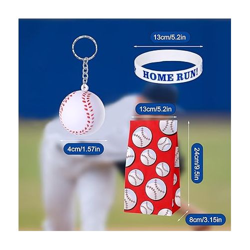  Yaomiao 36 Pieces Baseball Party Favors Set, Include 12 Baseball Treat Bags 12 Mini Baseball Keychains 12 Silicone Baseball Bracelets Baseball Snack Candy Gift Bags for Team Party Supplies