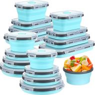 16 Pack Collapsible Food Storage Containers with Lid Foldable 8 Pcs Rectangle Storage Bowl and 8 Pcs Round Silicone Food Bow for Lunch Rv Accessories Microwave Freezer Safe(Gray, Blue)