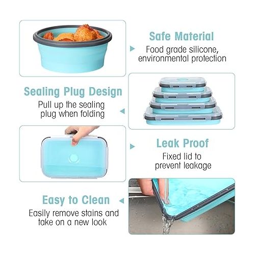  16 Pack Collapsible Food Storage Containers with Lid Foldable 8 Pcs Rectangle Storage Bowl and 8 Pcs Round Silicone Food Bow for Lunch Rv Accessories Microwave Freezer Safe(Gray, Blue)