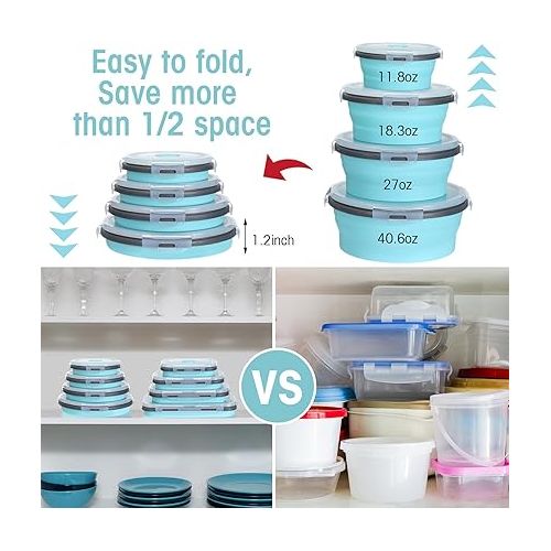  16 Pack Collapsible Food Storage Containers with Lid Foldable 8 Pcs Rectangle Storage Bowl and 8 Pcs Round Silicone Food Bow for Lunch Rv Accessories Microwave Freezer Safe(Gray, Blue)