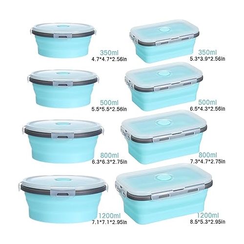  16 Pack Collapsible Food Storage Containers with Lid Foldable 8 Pcs Rectangle Storage Bowl and 8 Pcs Round Silicone Food Bow for Lunch Rv Accessories Microwave Freezer Safe(Gray, Blue)