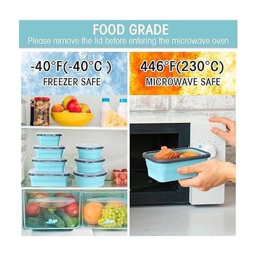  16 Pack Collapsible Food Storage Containers with Lid Foldable 8 Pcs Rectangle Storage Bowl and 8 Pcs Round Silicone Food Bow for Lunch Rv Accessories Microwave Freezer Safe(Gray, Blue)