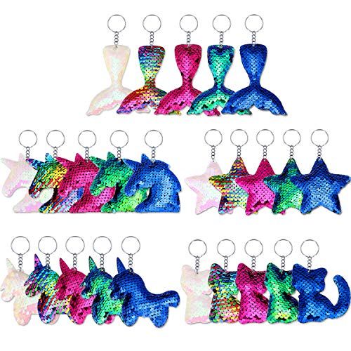  Yaomiao 25 Pieces Sequin Keychains Flip Sequins Keychain with Unicorn Mermaid Tail Cat Star Shape for Kids Girls Birthday Party Christmas Gifts